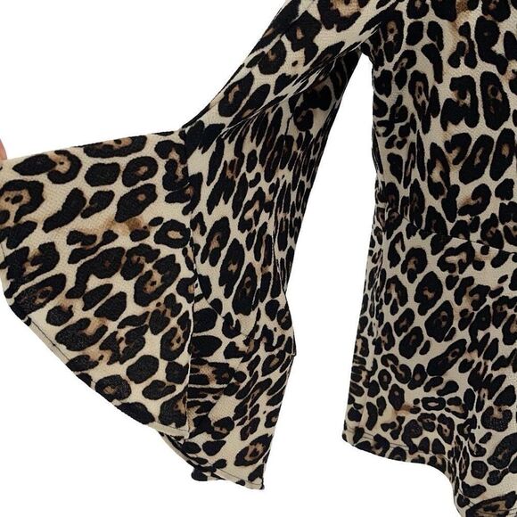 Chico's Womens Animal Print Bell Sleeve Lace-Up Peplum Blouse Black Tan Size 2 - Picture 6 of 10